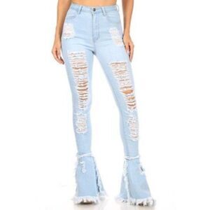 JC & JQ Womens Blue Light Wash High Rise Stretch Denim Flared Jeans Size Small